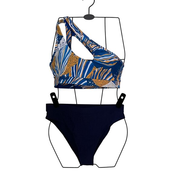 one shoulder bikini set high waisted blue print Medium swimsuit - Picture 6 of 6